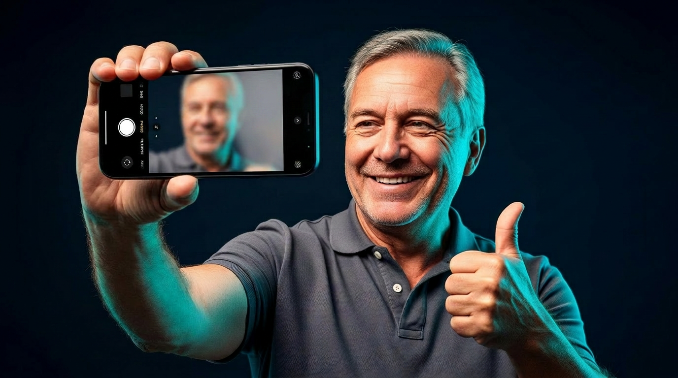 A confused older man holding his phone the wrong way trying to take a selfie